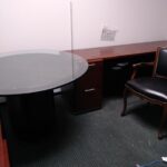 F – Wooden desk 368, includes attached glass table.