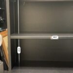 H – Two views of the metal shelving. Dimensions are 9’9” tall and 35 ½” wide. Quantity: 12. Take as many or as few as you like.